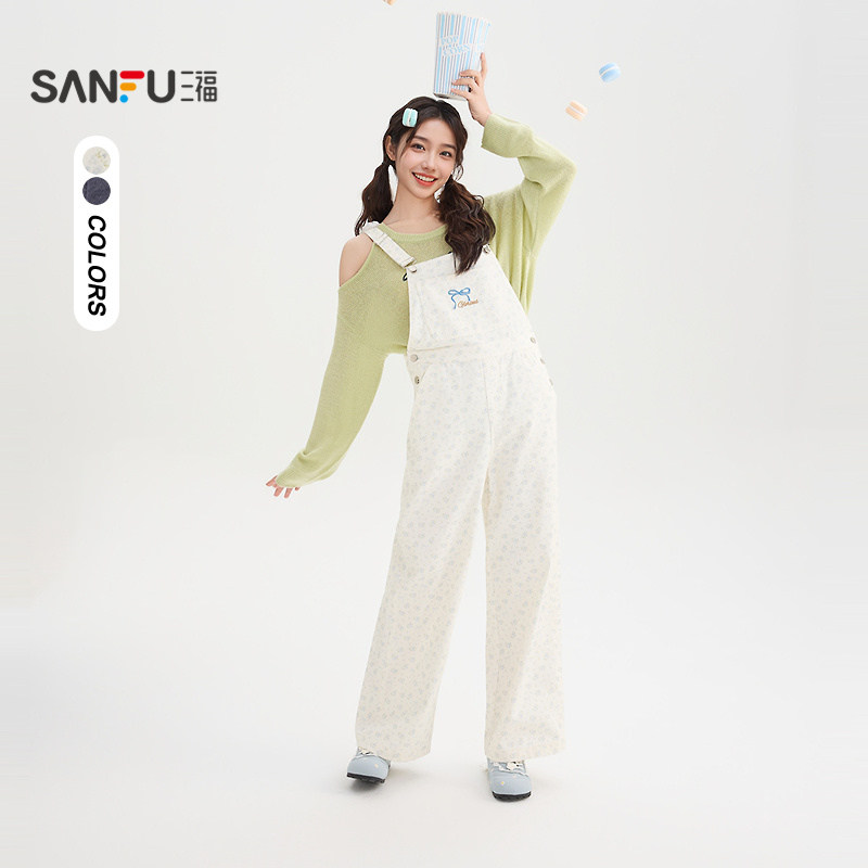 三福连身裤2026春季蝴蝶结刺绣可调肩带连体裤背带裤女装509536,女装/女士精品,连体衣/裤,淘宝优惠券,粉丝福利购,淘宝优惠卷