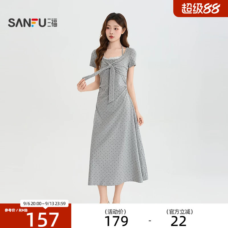 三福连衣裙2026夏季波点绑带挂脖假两件蝴蝶结裙子女装527284图片