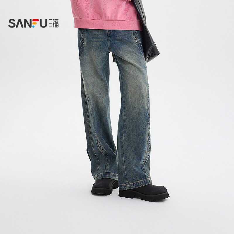 三福2025冬季男士解构设计牛仔裤 街头潮酷直筒阔腿长裤510091