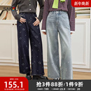 2025新款 子女装 秋季 小猫印花宽松直筒阔腿裤 504793 时尚 三福牛仔裤