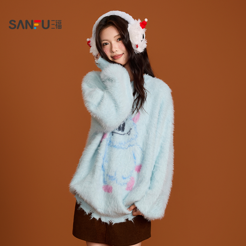 三人行三福套头毛衣2025新款冬季雪人图案圆领保暖上衣女装512797