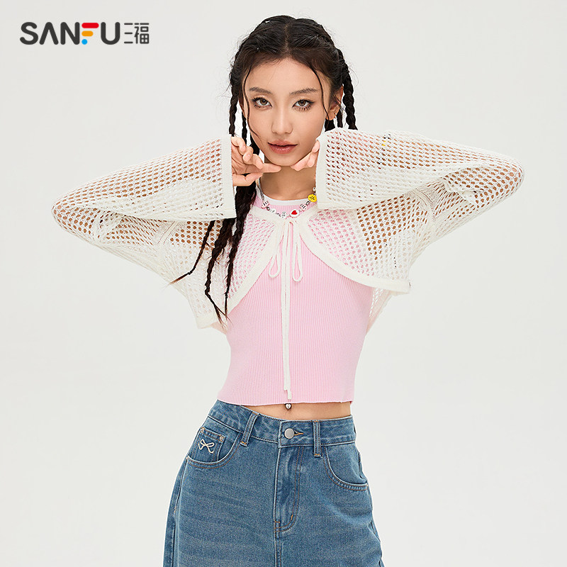三福短款小开衫2025新款秋季绑带镂空披肩宽松毛针织衫女装490189