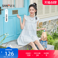 三福小飞袖连衣裙2026新款夏季蕾丝拼接A字宽松娃娃裙女装519311