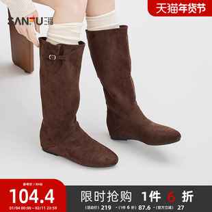 三福女靴鞋冬季静奢老钱风侧边单扣纯色圆头长靴女鞋848916