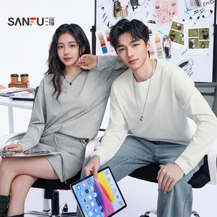 休闲下摆小标宽松圆领上衣 t恤男纯色情侣款 三福2025秋冬新款 长袖