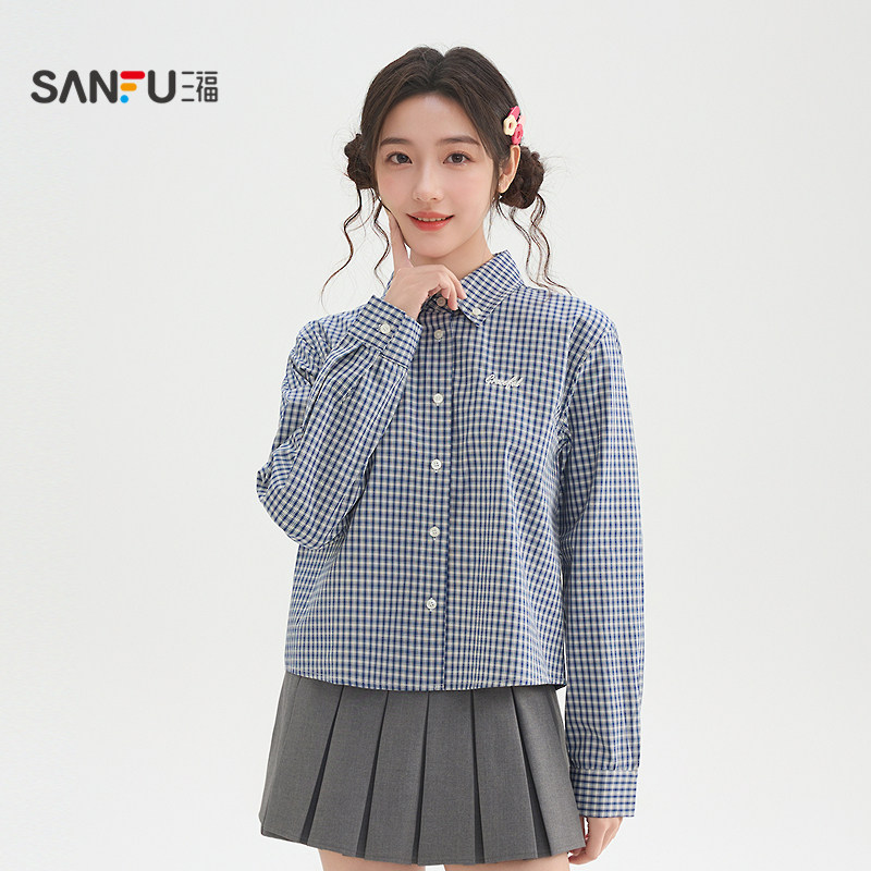 三福格子衬衫女2026新款春季英文刺绣衬衣休闲翻领上衣女装517345