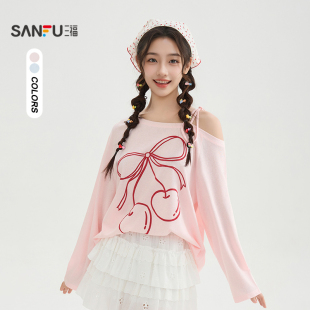 撞色大樱桃刺绣斜肩绑带上衣女装 夏季 521279 T恤2026新款 三福长袖