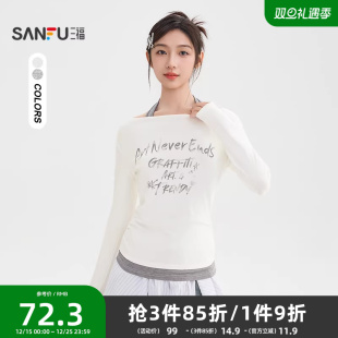 英文印花挂脖露肩假两件上衣女装 秋季 514032 T恤2025新款 三福长袖