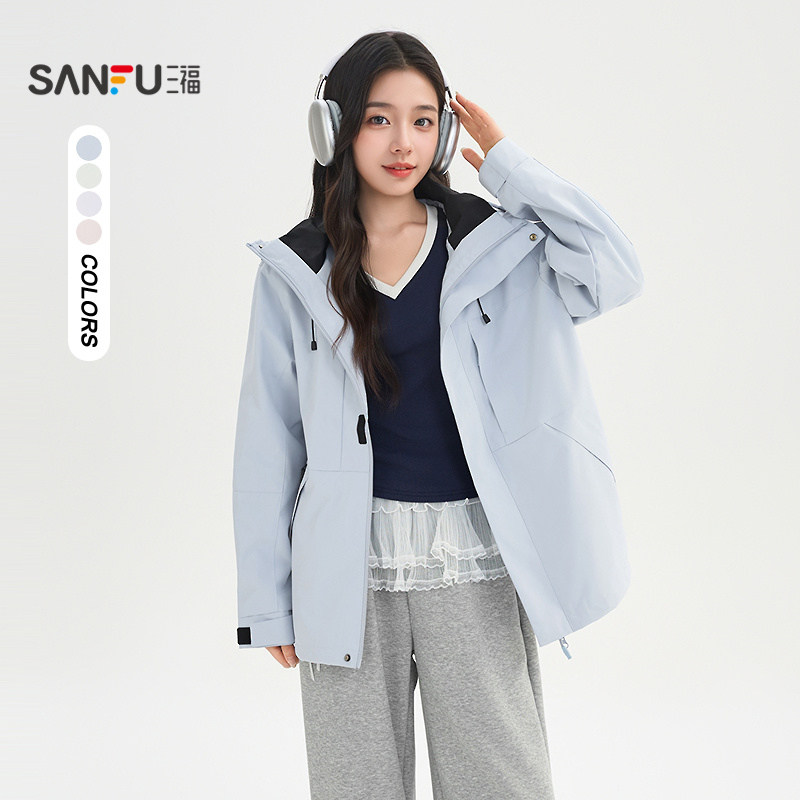 三福户外工装风外套女2026新款春季宽松连帽多巴胺上衣女装521212