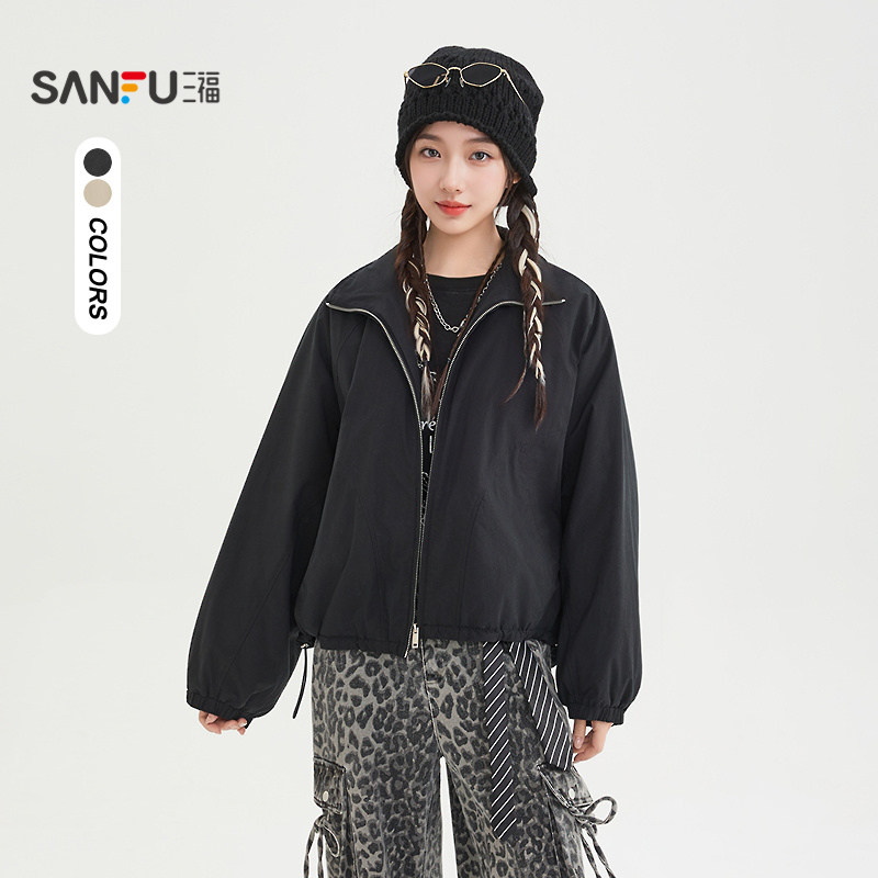 三福黑色外套女2026新款春季可抽绳摆夹棉宽松短款夹克女装516627,女装/女士精品,短外套,淘宝优惠券,粉丝福利购,淘宝优惠卷