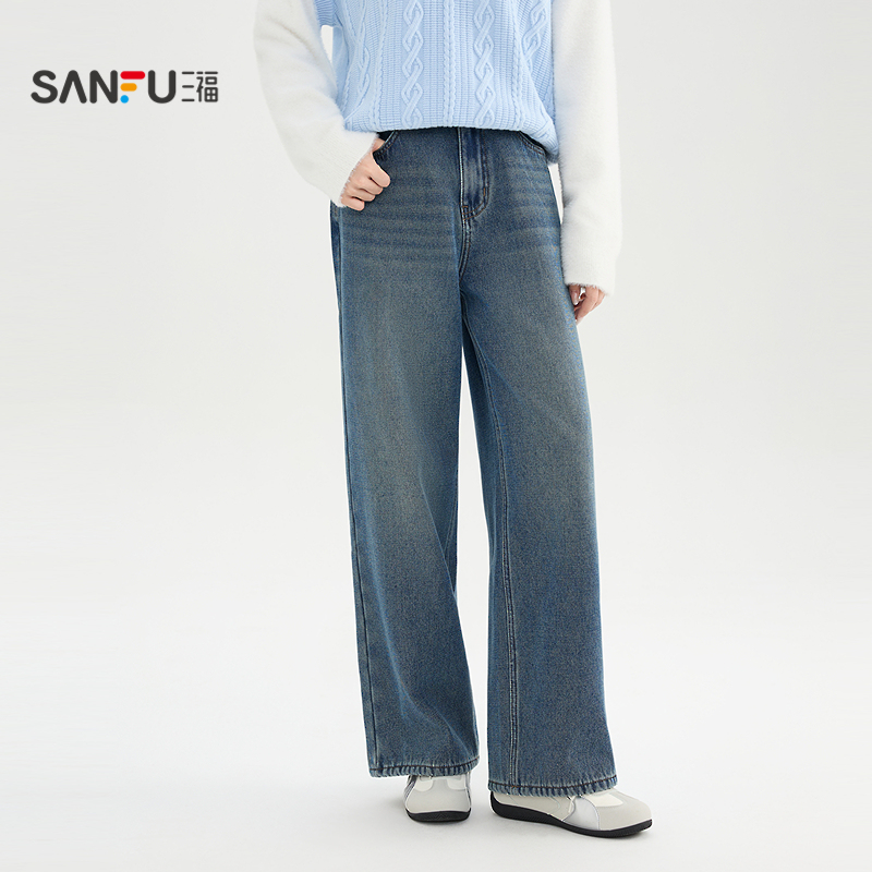 三福牛仔长裤2025冬季口袋小标加绒内里时尚阔腿裤女装514993