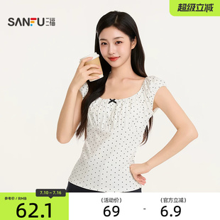 三福女夏季复古波点蝴蝶结短袖上衣 时尚修身甜美单衣527885