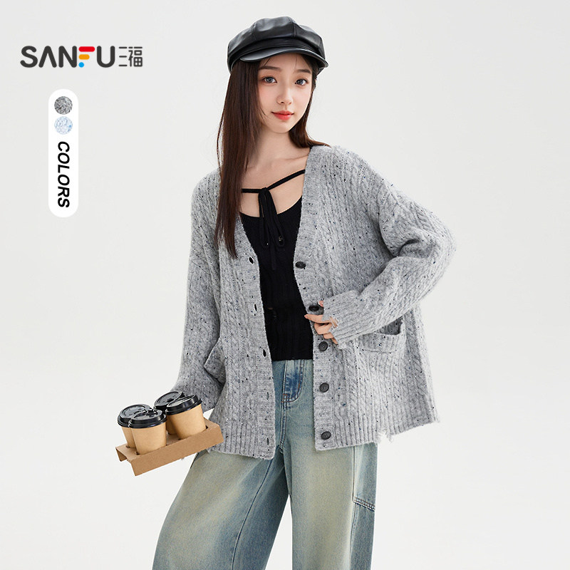 三福毛衣开衫2025新款秋季破洞慵懒风宽松花纱外套上衣女装507634,女装/女士精品,毛衣,淘宝优惠券,粉丝福利购,淘宝优惠卷