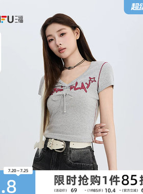 三福短T恤2026夏季绑带V领美式英文印花紧身上衣女装525812