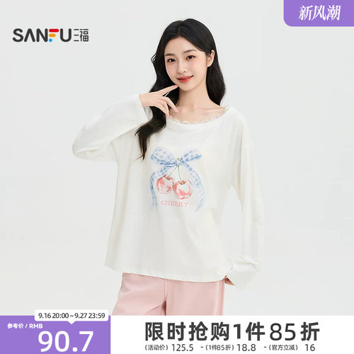 三福女长T恤2026秋季新款樱桃可爱图案蕾丝斜肩时尚休闲上衣女装