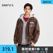 英文章仔PU皮衣夹克美式 男士 休闲连帽外套516582 新款 三福2026春季