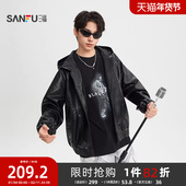 三福2026春季 连帽宽松外套513602 肌理PU皮衣夹克街潮时尚 新款 男士