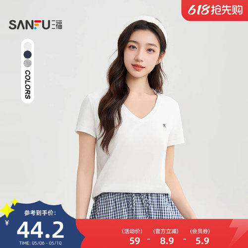三福短袖T恤2026新款夏季字母刺绣V领简约休闲短袖上衣女装517795