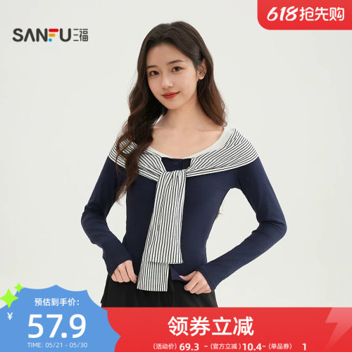 三福长T恤2026春季都市拼接条纹绑带圆领合身上衣女装522885