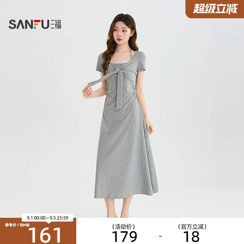 三福连衣裙2026夏季波点绑带挂脖假两件蝴蝶结裙子女装527284图片