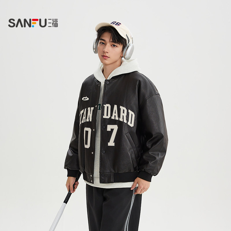 三福2025冬季男士英文数字贴布绣短棉衣 复古棒球服棉服511861