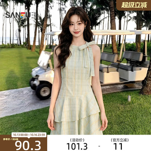 三福女装连衣裙2026夏季新款不规则下摆蝴蝶结绑带领口裙子女装