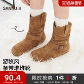 三福女中靴冬季 都市游牧风双耳朵褶皱一字带堆堆靴女鞋 846810