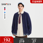 三福2026春季 上衣516476 拼接格纹纽花毛衣休闲宽松开衫 新款 男士