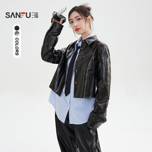 冬季 PU皮衣夹克女装 时尚 饰短款 512183 铆钉装 三福黑色外套2025新款