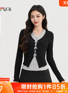 三福女长T恤2026秋季新款气质蝴蝶结装饰假两件休闲长袖上衣女装
