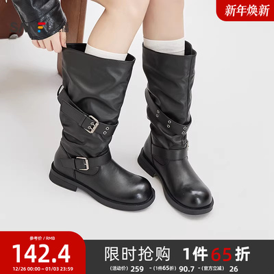 三福女靴鞋冬季游牧暖绒褶皱绕带拼接圆头长筒靴子女鞋850524