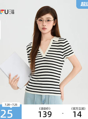 三福毛衫2026夏季小标装饰简约V字翻领合身上衣女装528740