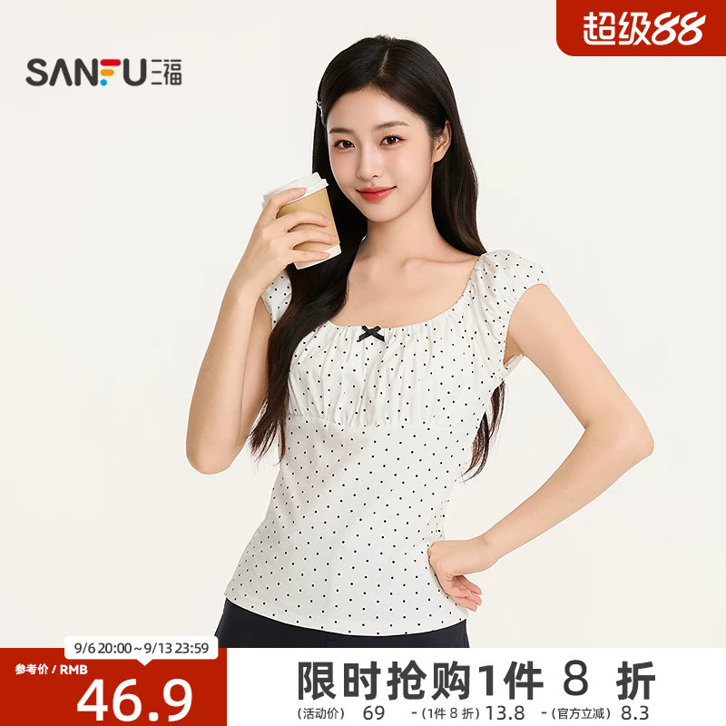 三福女夏季复古波点蝴蝶结短袖上衣 时尚修身甜美单衣527885图片