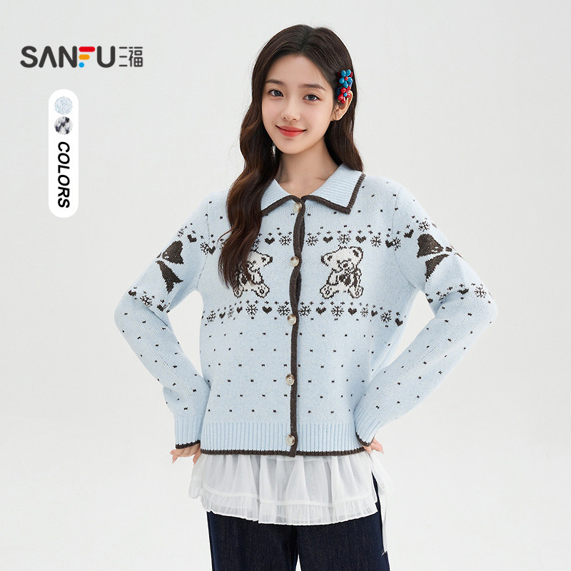 三福毛衣开衫女2025新款冬季小熊图案翻领宽松波点上衣女装513493