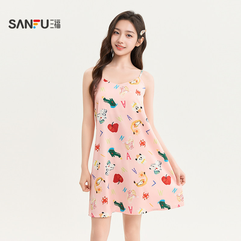 三福女春季动物满印带杯吊带睡裙 趣味丝滑宽松家居服女515129