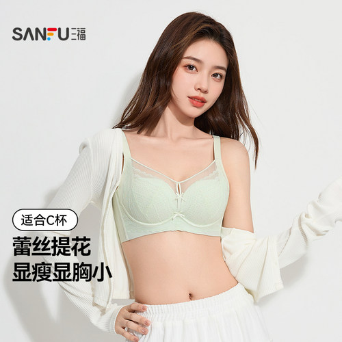 三福薄C杯记忆软钢圈文胸 蕾丝纸片提花大胸显小内衣女503322