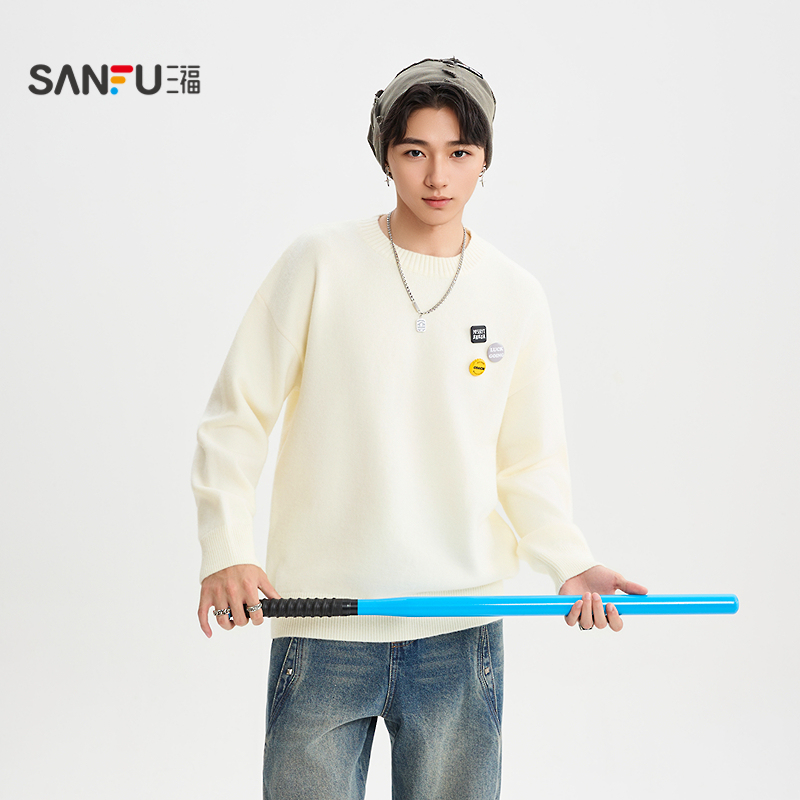 三福2025冬季男士趣味章仔毛衣 街潮宽松圆领落肩上衣511738