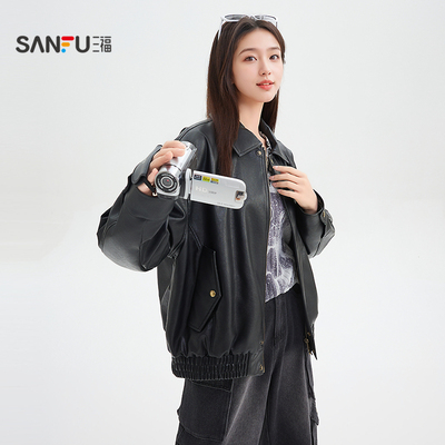 三福皮衣夹克2025新款秋季时尚复古宽松翻领黑色外套女装846474