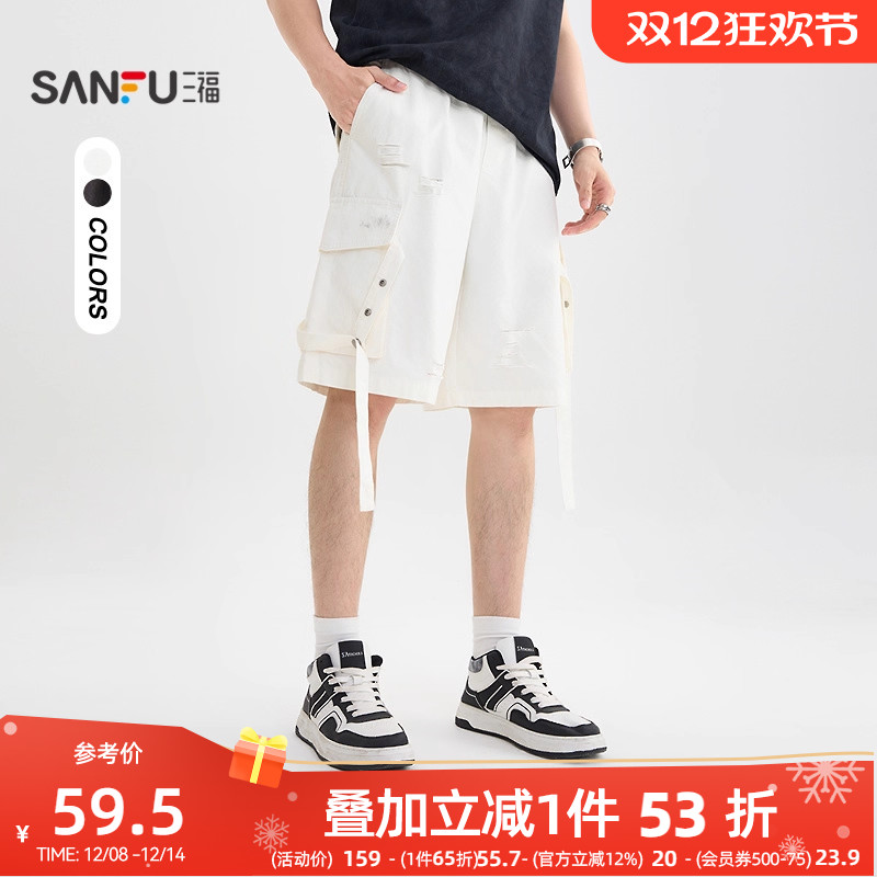 三福2025夏季男士飘带工装中裤 街头宽松橡筋腰头裤子504060