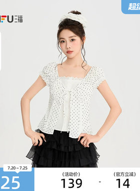 三福衬衫2026夏季蕾丝领口绑带波点假两件上衣女装526080