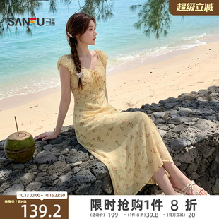 三福连衣裙2026夏季绑带装饰V领木耳花边收腰长裙女装527172