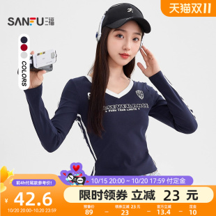英文印花撞色V领杠条上衣女装 三福长袖 美式 秋季 507796 T恤2025新款