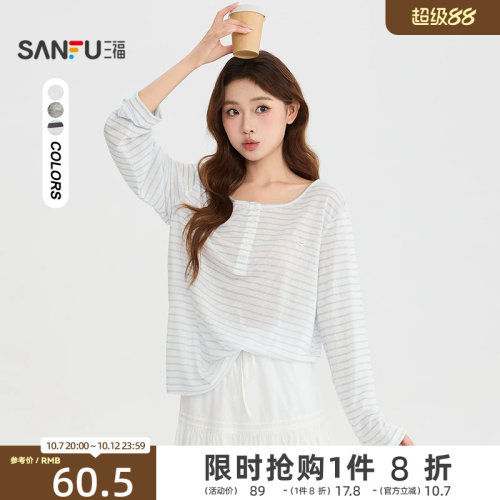 三福长T恤2026夏季小标装饰半开扣领口宽松上衣女装528280