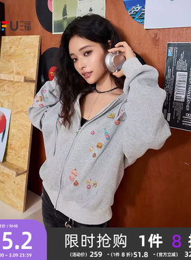 三福灰色卫衣女2026新款春季趣味涂鸦印花宽松开衫上衣女装516337