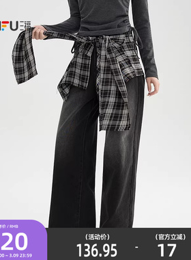 三福加厚牛仔裤2025新款冬季可拆卸搭片阔腿裤黑色长裤女装514726
