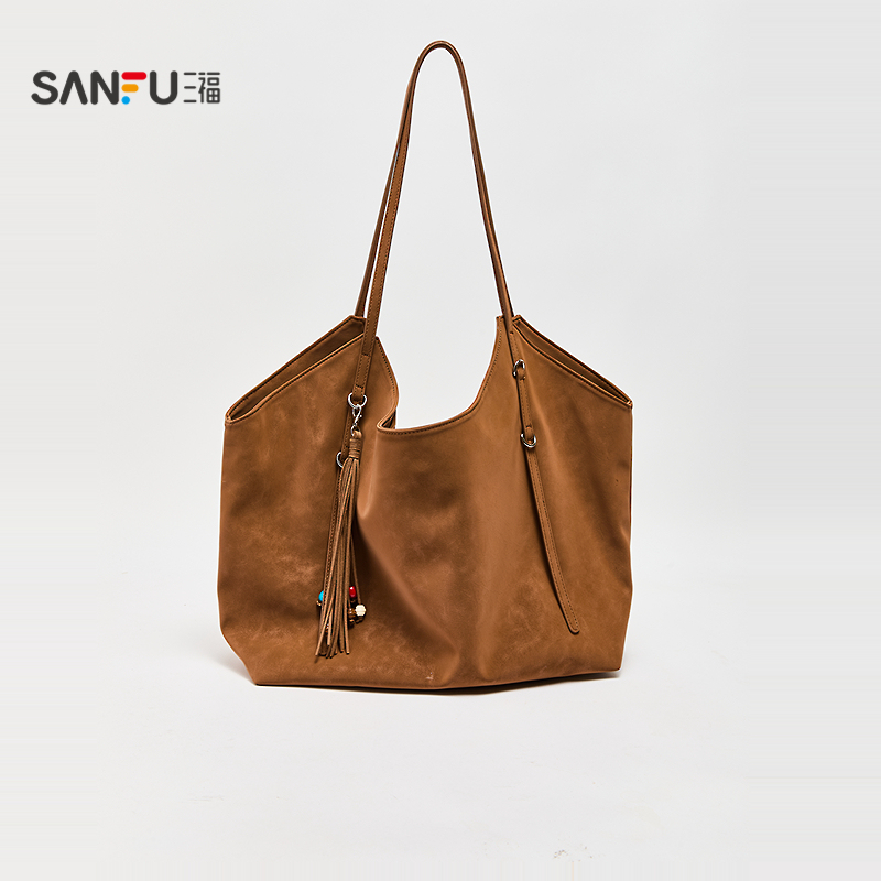 三福挎包秋季慵懒简约纯色流苏大容量半定型托特包女包506817