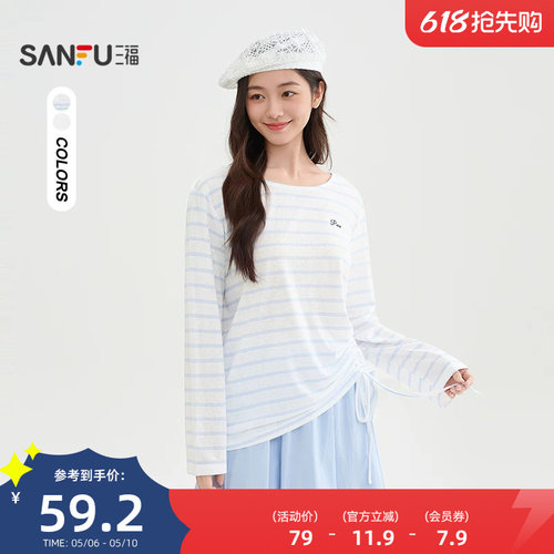 三福长袖T恤女2026新款夏季侧边抽绳刺绣圆领宽松上衣女装518525