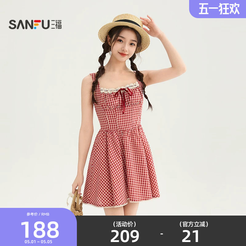 三福连衣裙女2026新款夏季绑带蕾丝格子收腰吊带短裙子女装854902