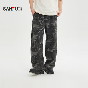 男士 潮流宽松百搭弯刀裤 新款 复古牛仔裤 子521874 时尚 三福2026夏季