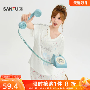 三福短T恤2026秋季时尚V领个性印花宽松球服上衣女装529662